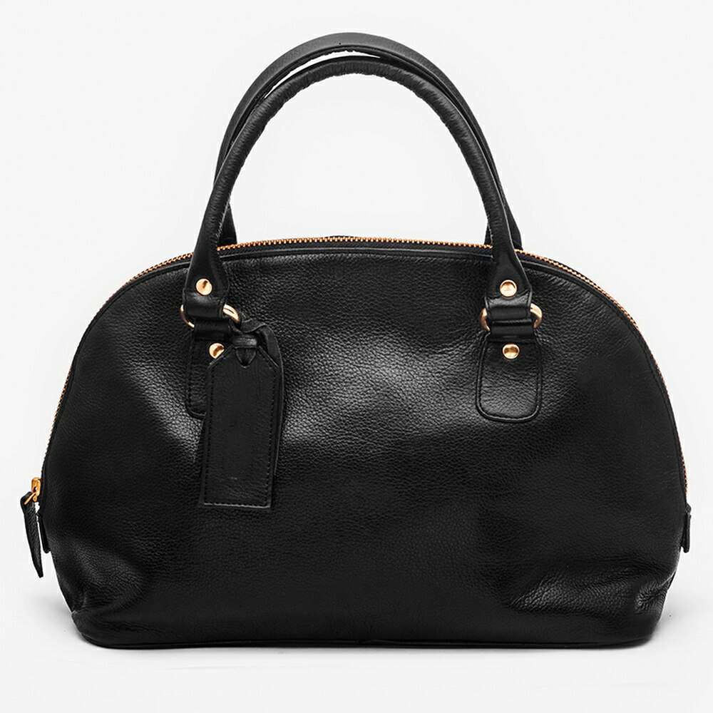 Black Pebbled Dome Satchel Handbag with Gold Hardware
